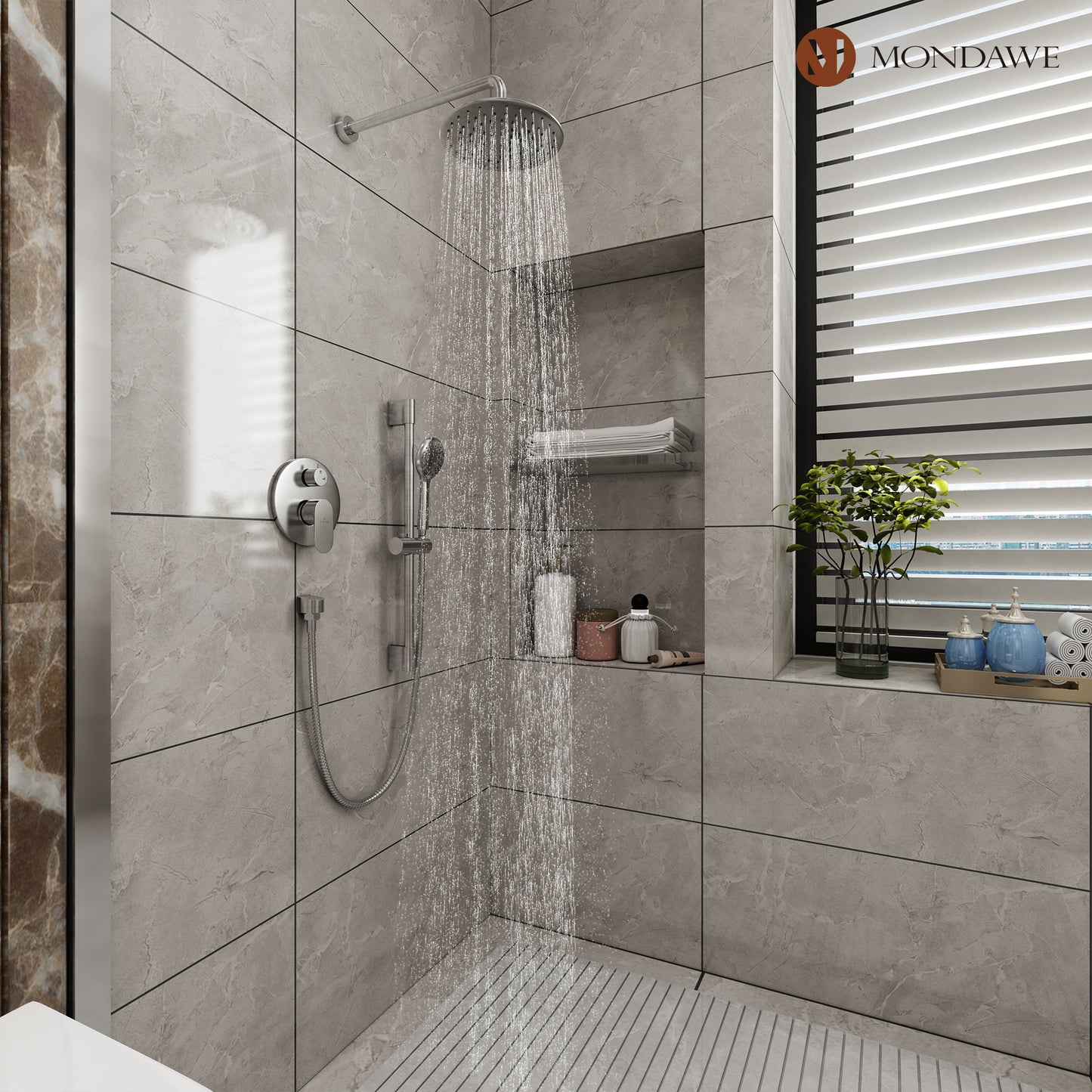 Mondawe Retro Series 2-Spray Patterns with 1.8 GPM 9 in. Rain Wall Mount Dual Shower Heads with Handheld and Spout in Brushed Nickel/ Black/ Bronze/Brushed Gold