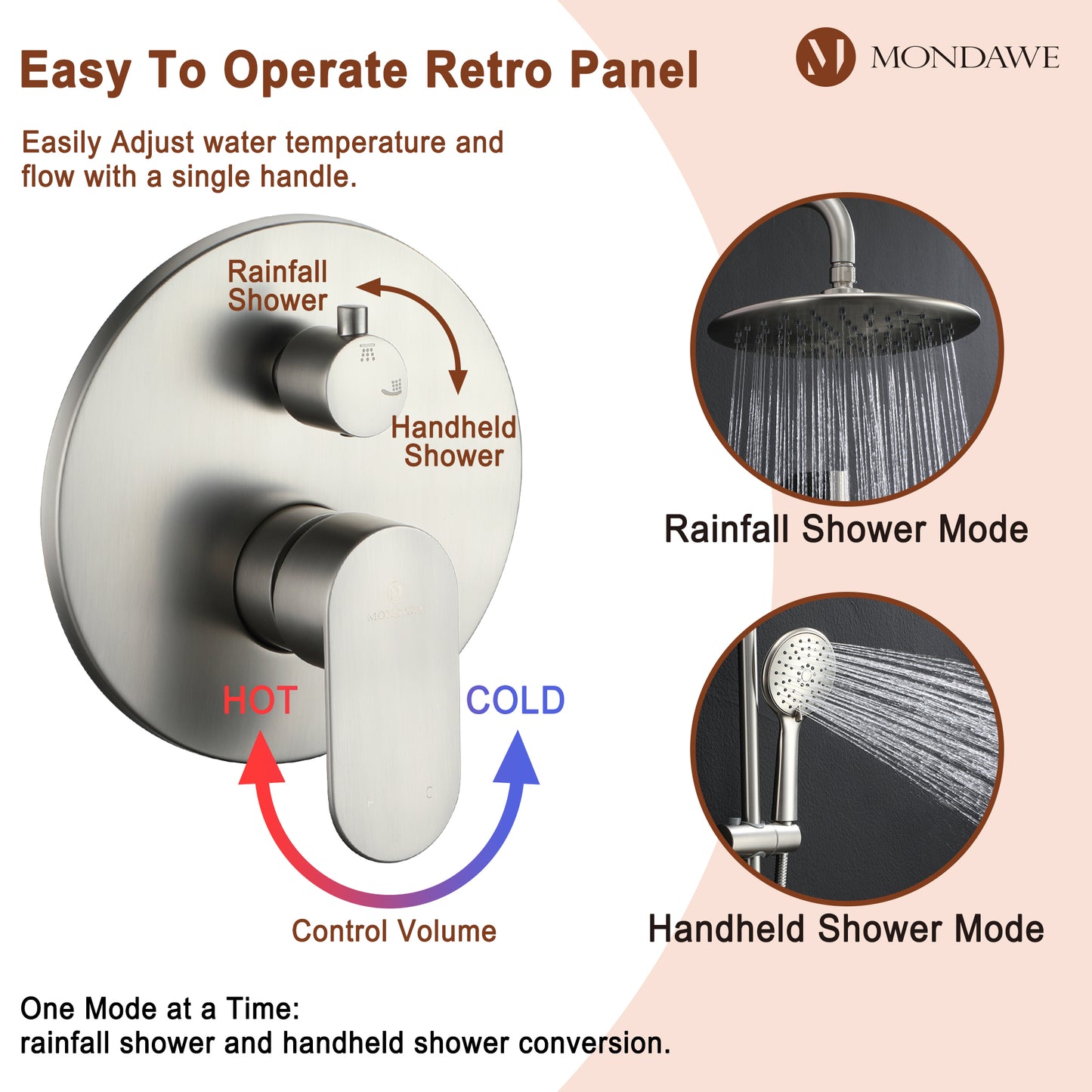 Mondawe Retro Series 2-Spray Patterns with 1.8 GPM 9 in. Rain Wall Mount Dual Shower Heads with Handheld and Spout in Brushed Nickel/ Black/ Bronze/Brushed Gold