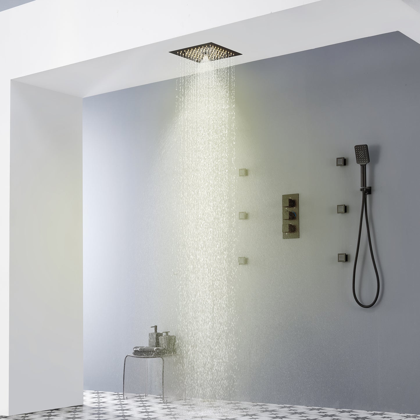 Mondawe Luxury Thermostatic LED 4-Spray Patterns 12 in. Flush Ceiling Mount Rainfall Dual Shower Heads