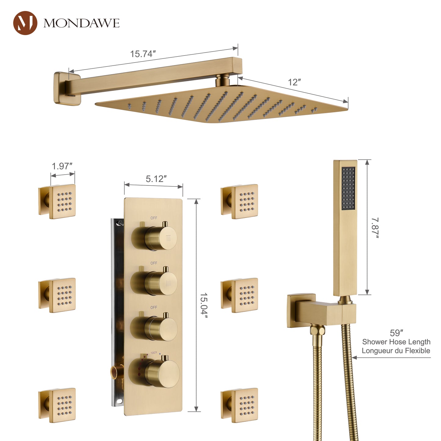 Luxury 3-Spray Patterns Thermostatic 12 in. Wall Mount Rainfall Dual Shower Heads with 6-Body Spray