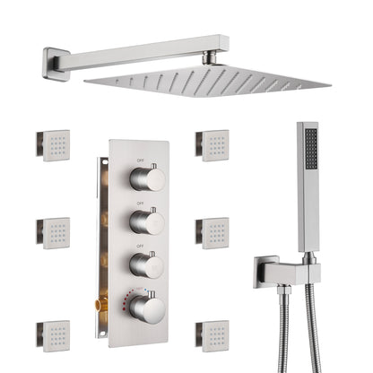 Luxury 3-Spray Patterns Thermostatic 12 in. Wall Mount Rainfall Dual Shower Heads with 6-Body Spray