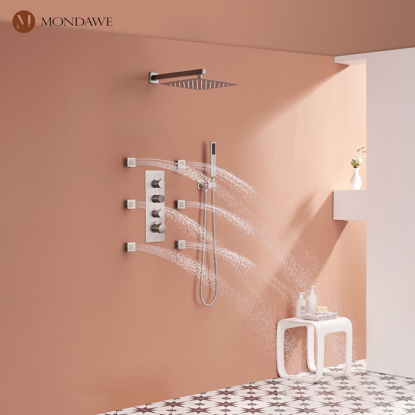 Luxury 3-Spray Patterns Thermostatic 12 in. Wall Mount Rainfall Dual Shower Heads with 6-Body Spray