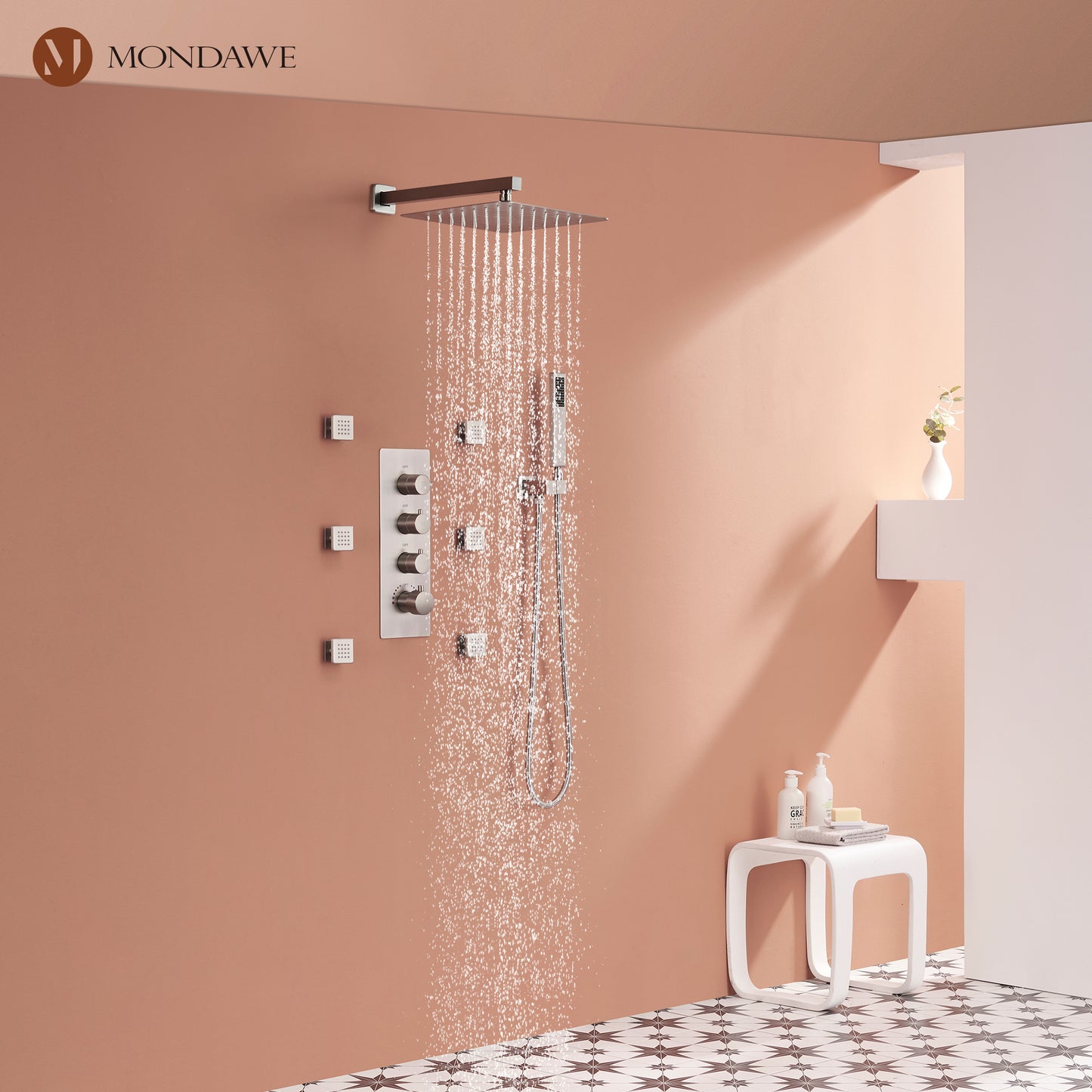 Luxury 3-Spray Patterns Thermostatic 12 in. Wall Mount Rainfall Dual Shower Heads with 6-Body Spray