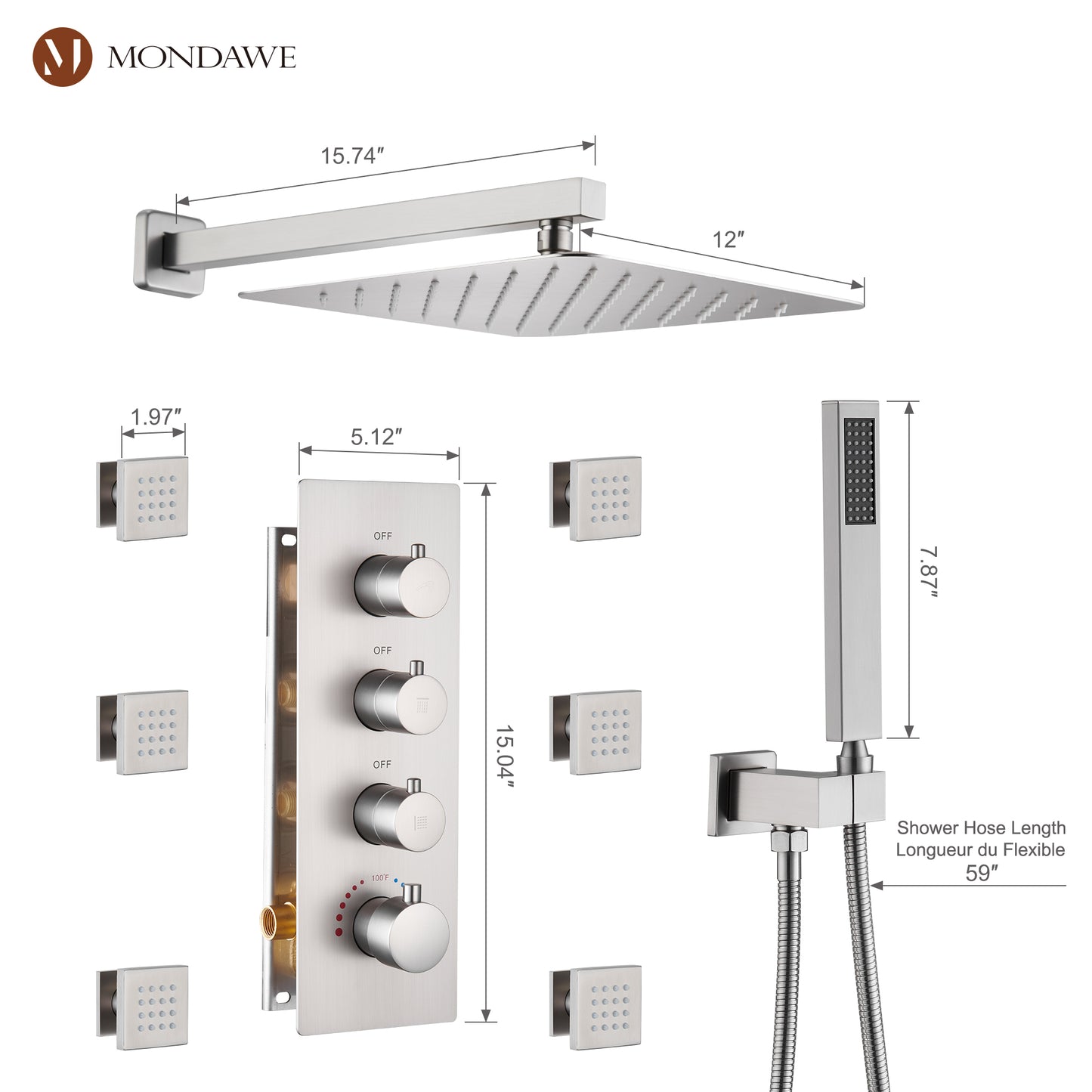 Luxury 3-Spray Patterns Thermostatic 12 in. Wall Mount Rainfall Dual Shower Heads with 6-Body Spray