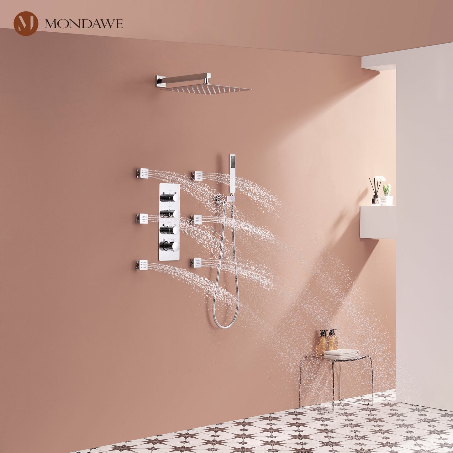 Luxury 3-Spray Patterns Thermostatic 12 in. Wall Mount Rainfall Dual Shower Heads with 6-Body Spray