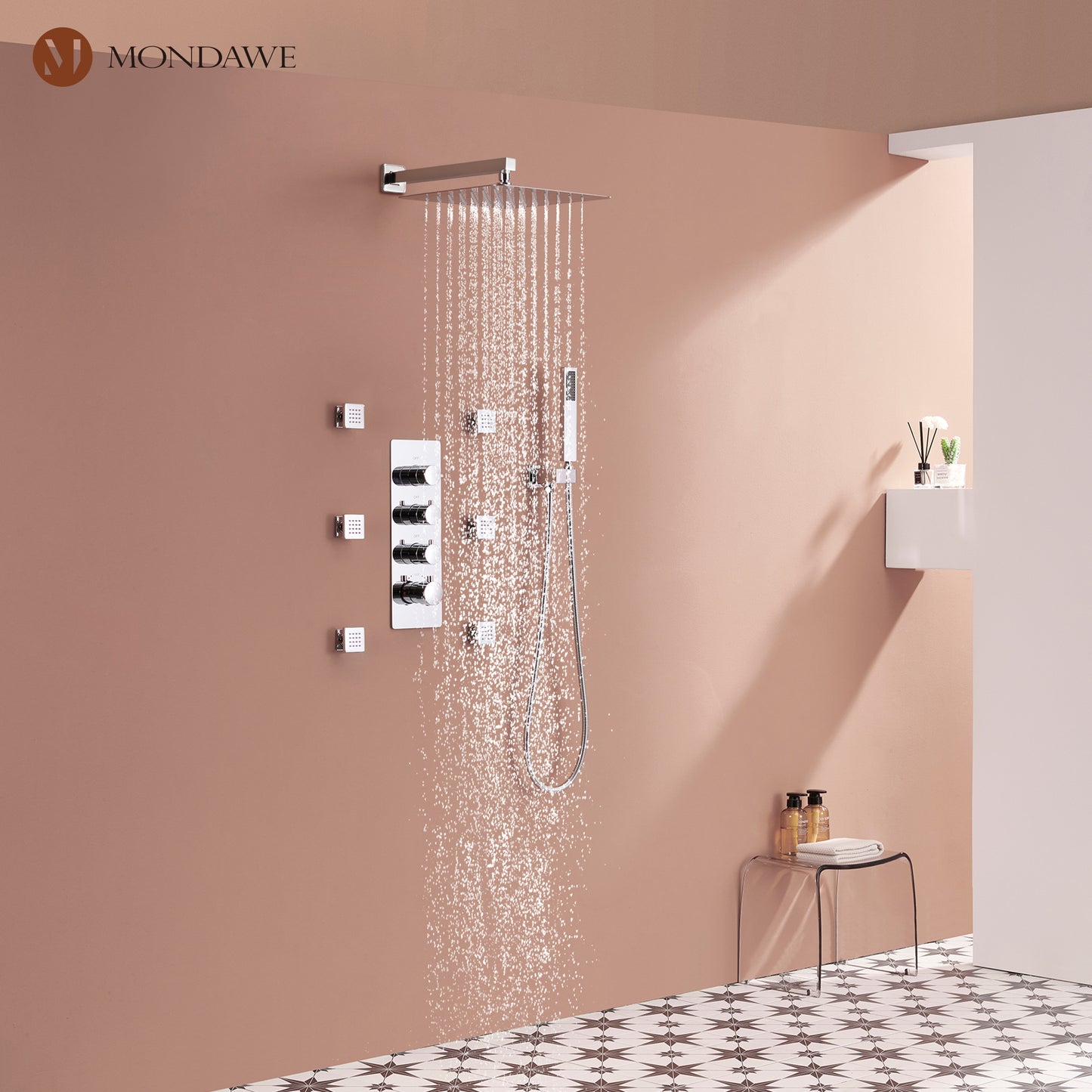 Luxury 3-Spray Patterns Thermostatic 12 in. Wall Mount Rainfall Dual Shower Heads with 6-Body Spray