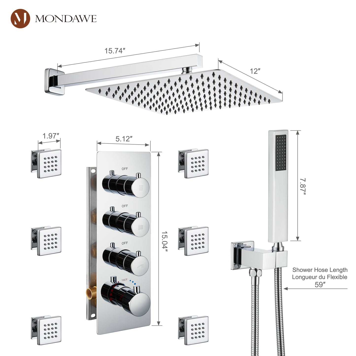 Luxury 3-Spray Patterns Thermostatic 12 in. Wall Mount Rainfall Dual Shower Heads with 6-Body Spray