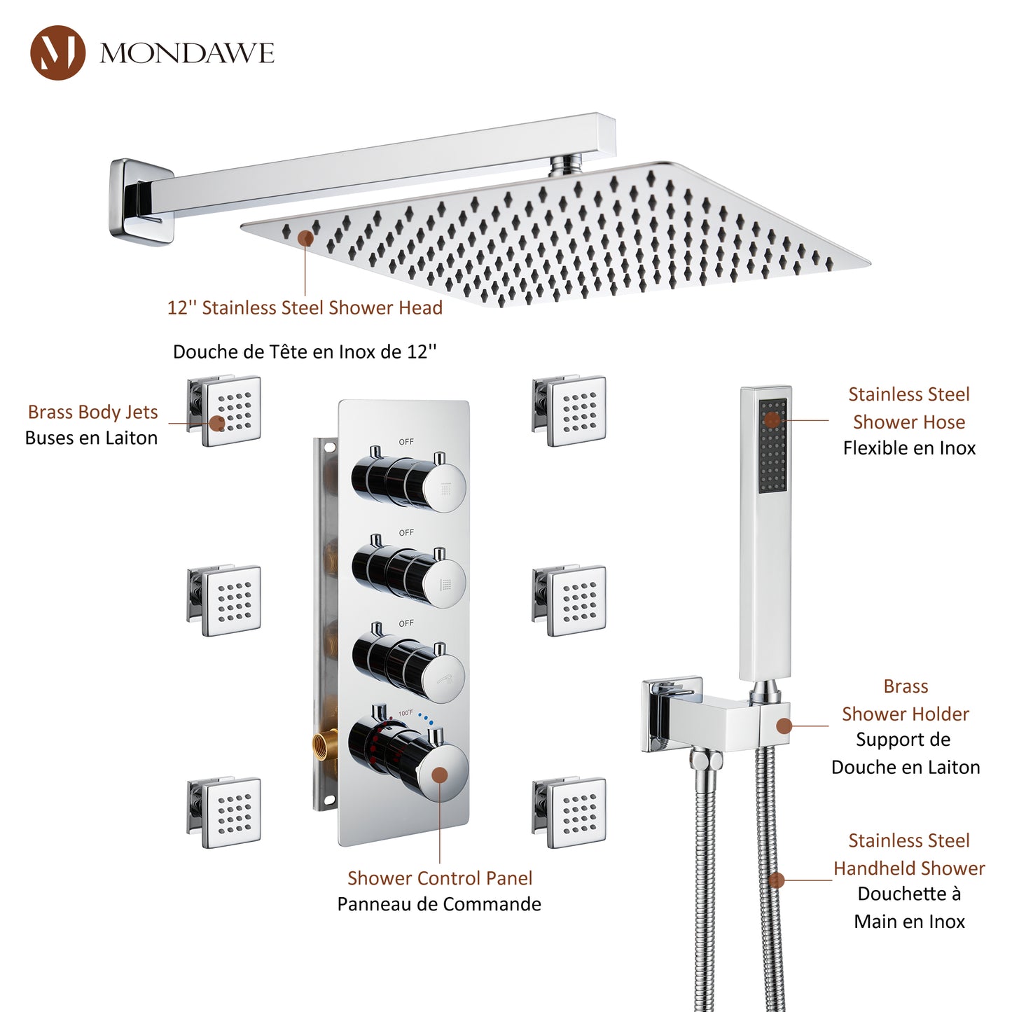 Luxury 3-Spray Patterns Thermostatic 12 in. Wall Mount Rainfall Dual Shower Heads with 6-Body Spray