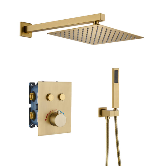 Mondawe 2 Functions Wall Mount Square Thermostatic Complete Shower System (Rough-In Valve Included)