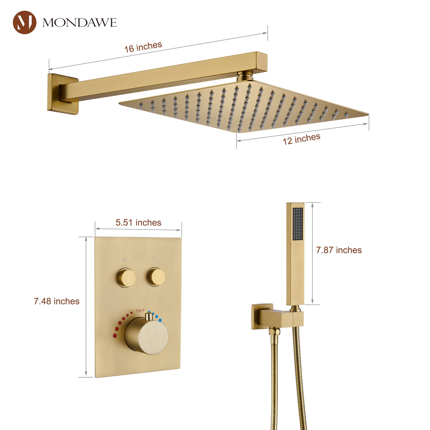 Mondawe 2 Functions Wall Mount Square Thermostatic Complete Shower System (Rough-In Valve Included)
