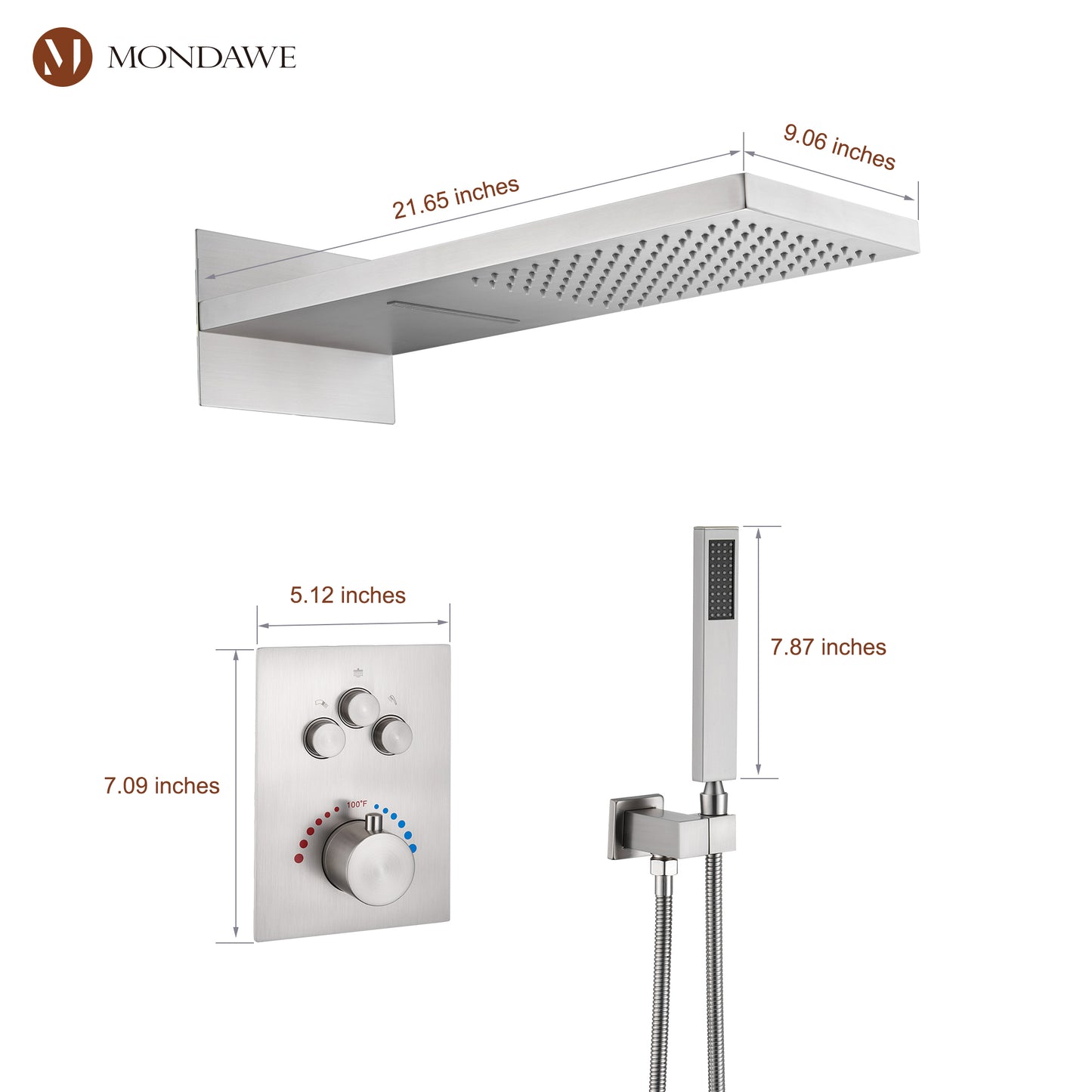 Mondawe 2 Functions Wall Mount Luxury Thermostatic Complete Shower System (Rough-In Valve Included) in Nickel/Black