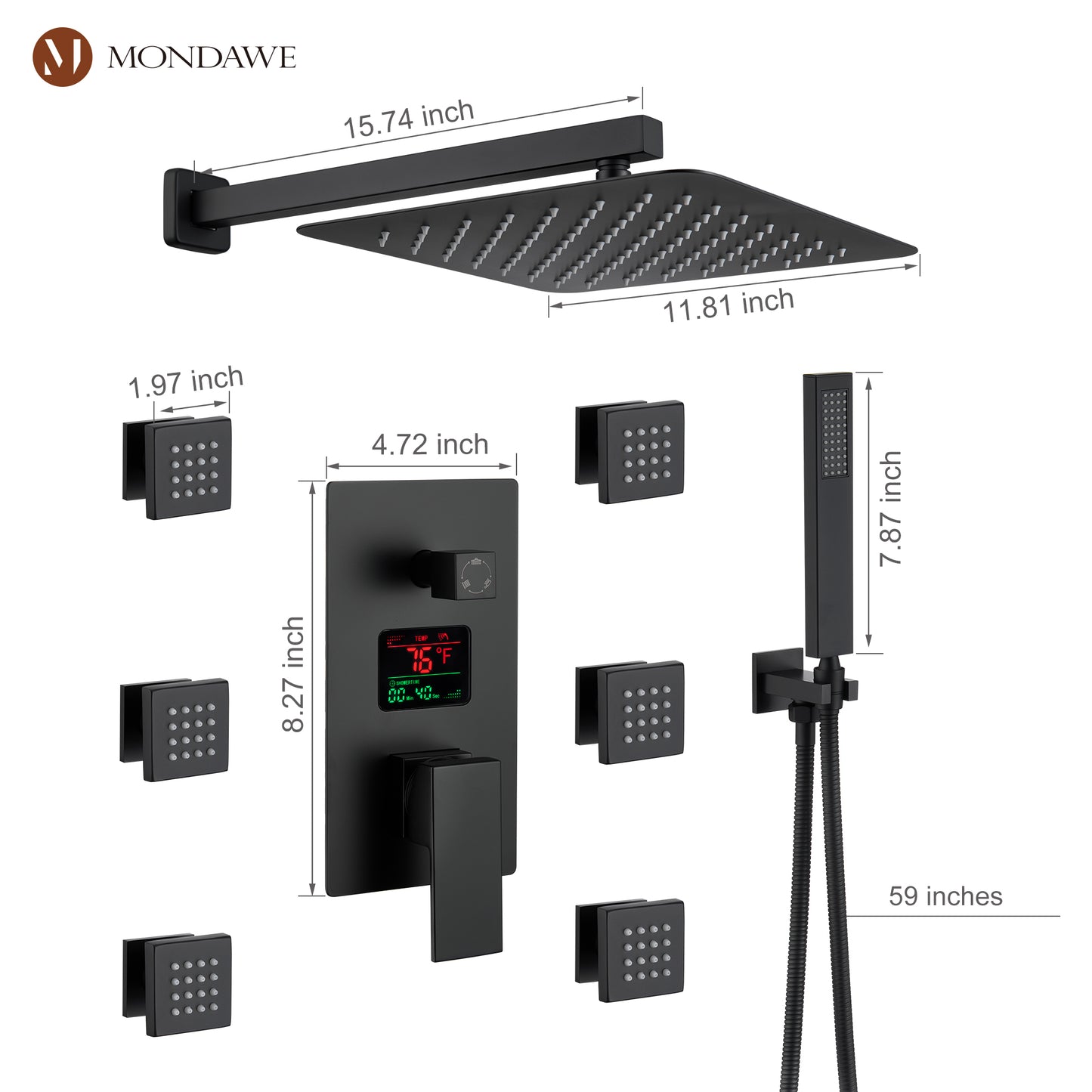 Mondawe Wall Mount Thermostatic Rain Shower Head System with Body Sprayers Handheld Shower and Digital Display