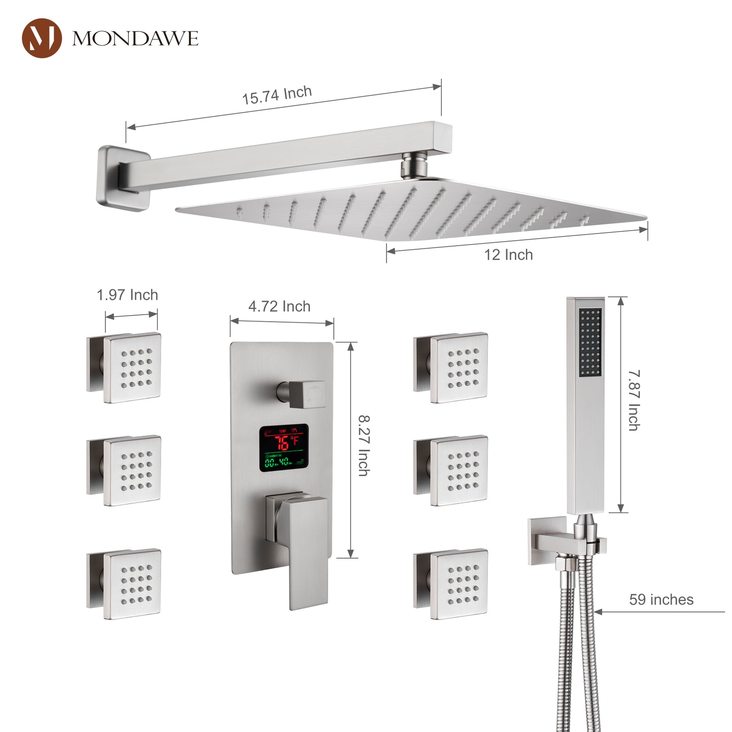 Mondawe Wall Mount Thermostatic Rain Shower Head System with Body Sprayers Handheld Shower and Digital Display