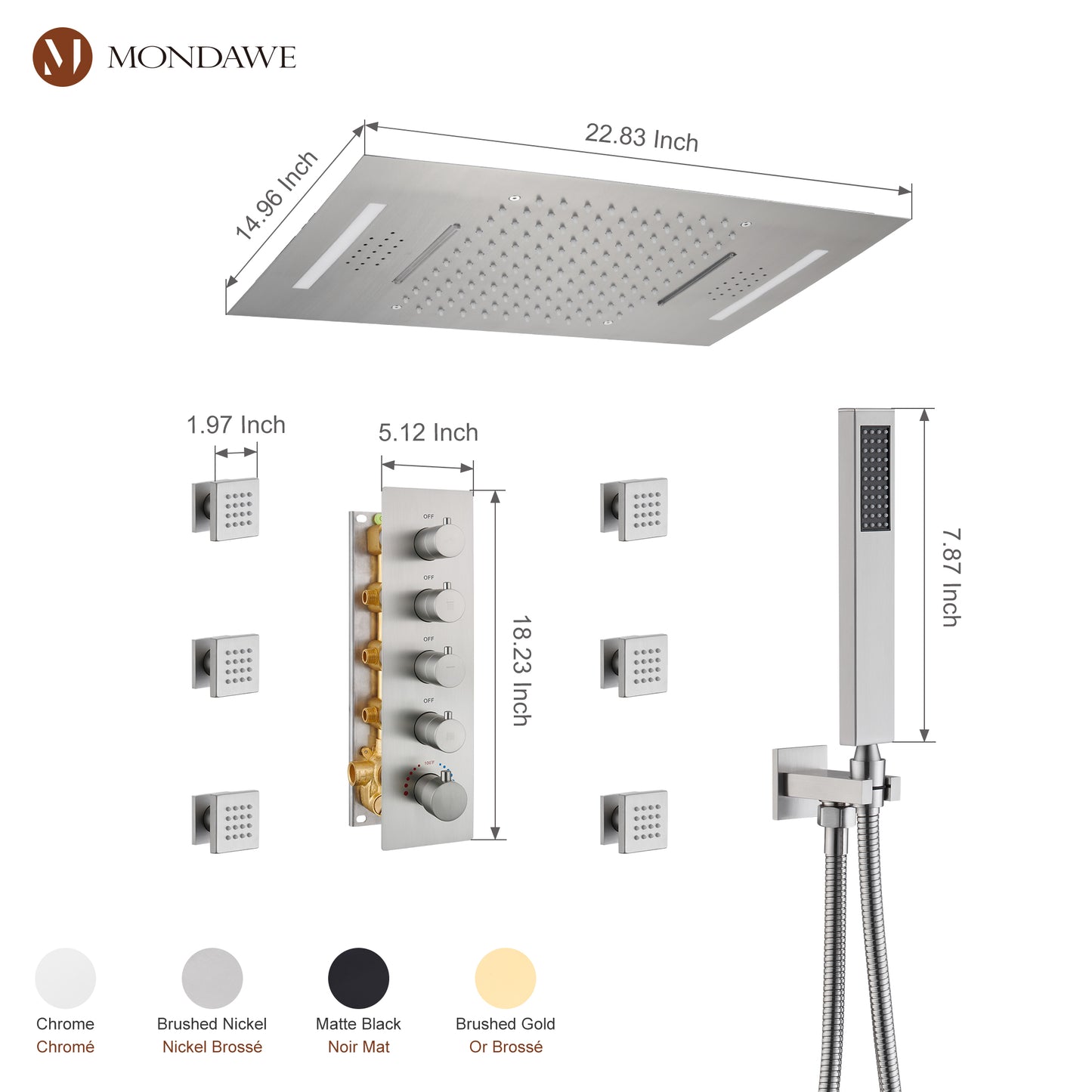 Mondawe Luxury 4-Way Thermostatic Shower System with LED and Music Player