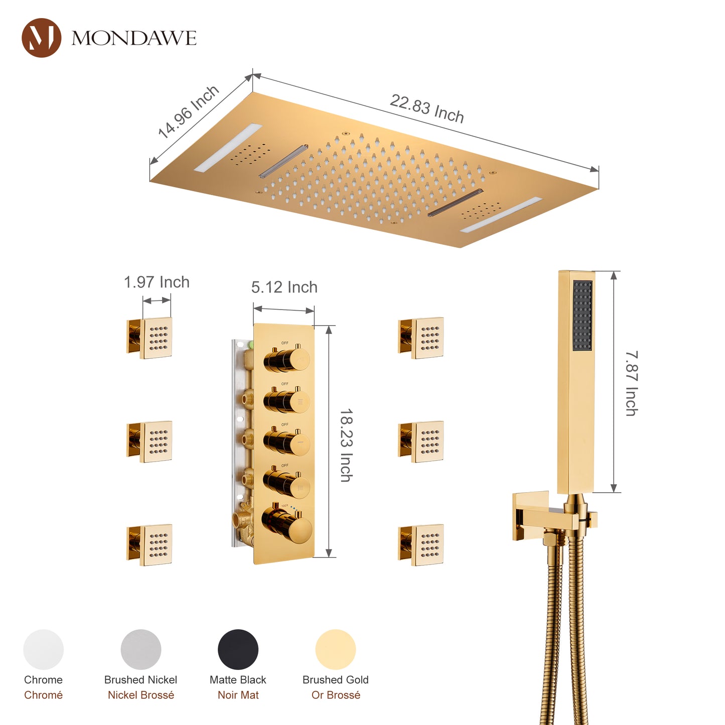 Mondawe Luxury 4-Way Thermostatic Shower System with LED and Music Player