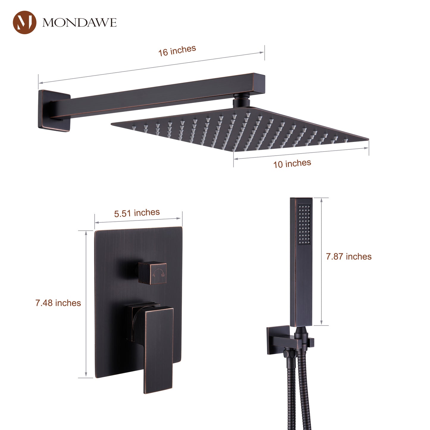 Mondawe 2 Functions Wall Mount Square Complete Shower System with 2.5 GPM 10 in Black/Rose Gold