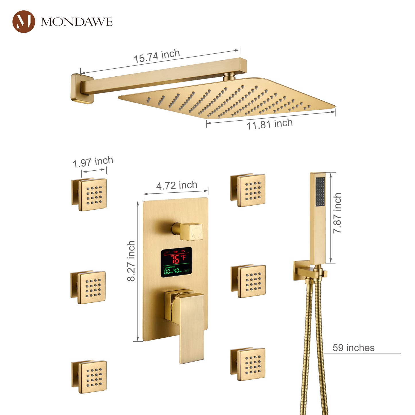 Mondawe Wall Mount Thermostatic Rain Shower Head System with Body Sprayers Handheld Shower and Digital Display