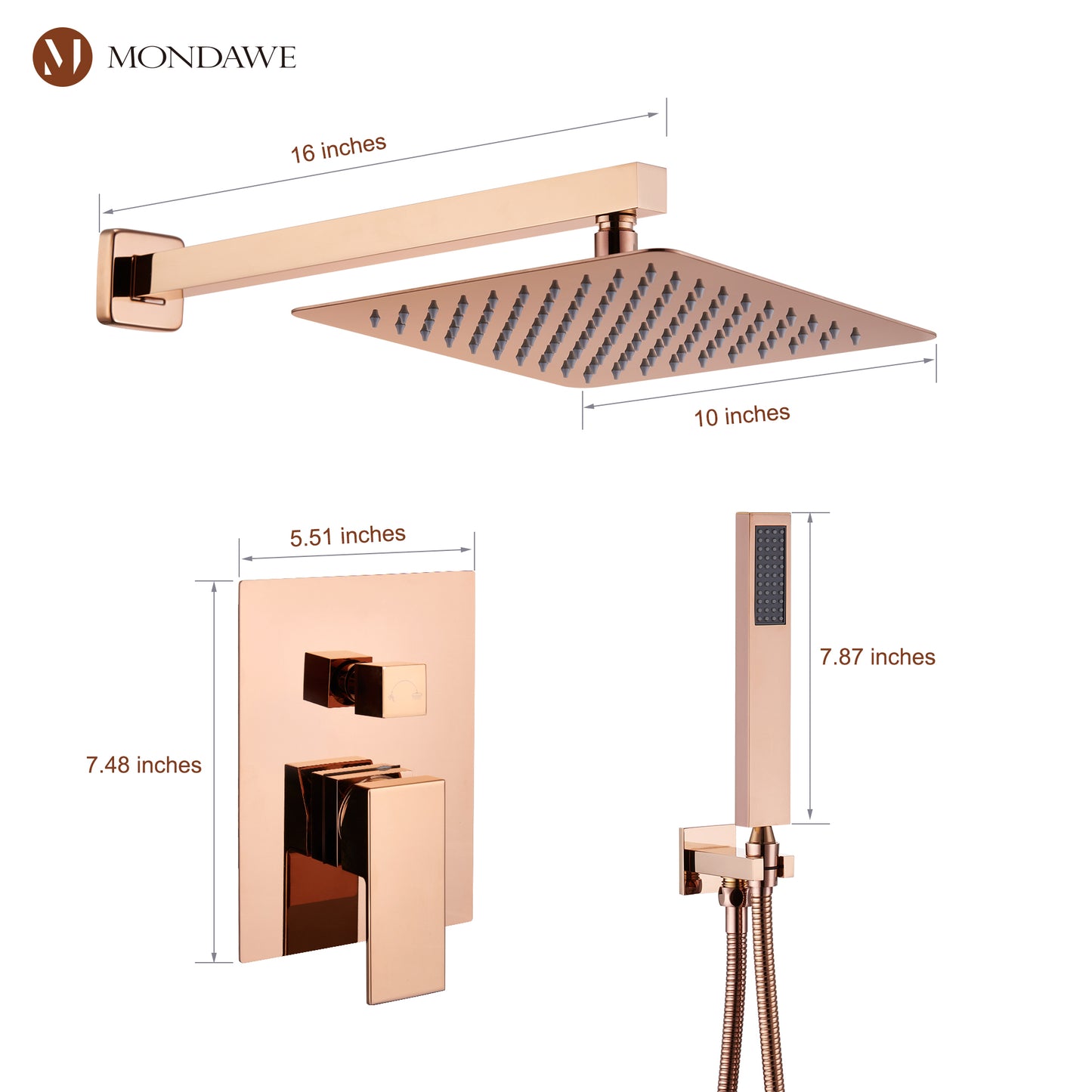 Mondawe 2 Functions Wall Mount Square Complete Shower System with 2.5 GPM 10 in Black/Rose Gold