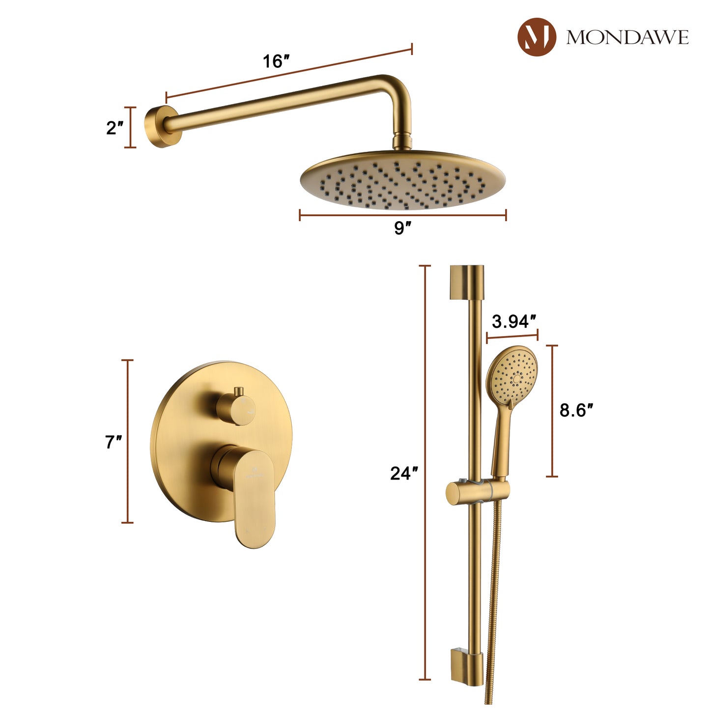 Mondawe Retro Series 2-Spray Patterns with 1.8 GPM 9 in. Rain Wall Mount Dual Shower Heads with Handheld and Spout in Brushed Nickel/ Black/ Bronze/Brushed Gold