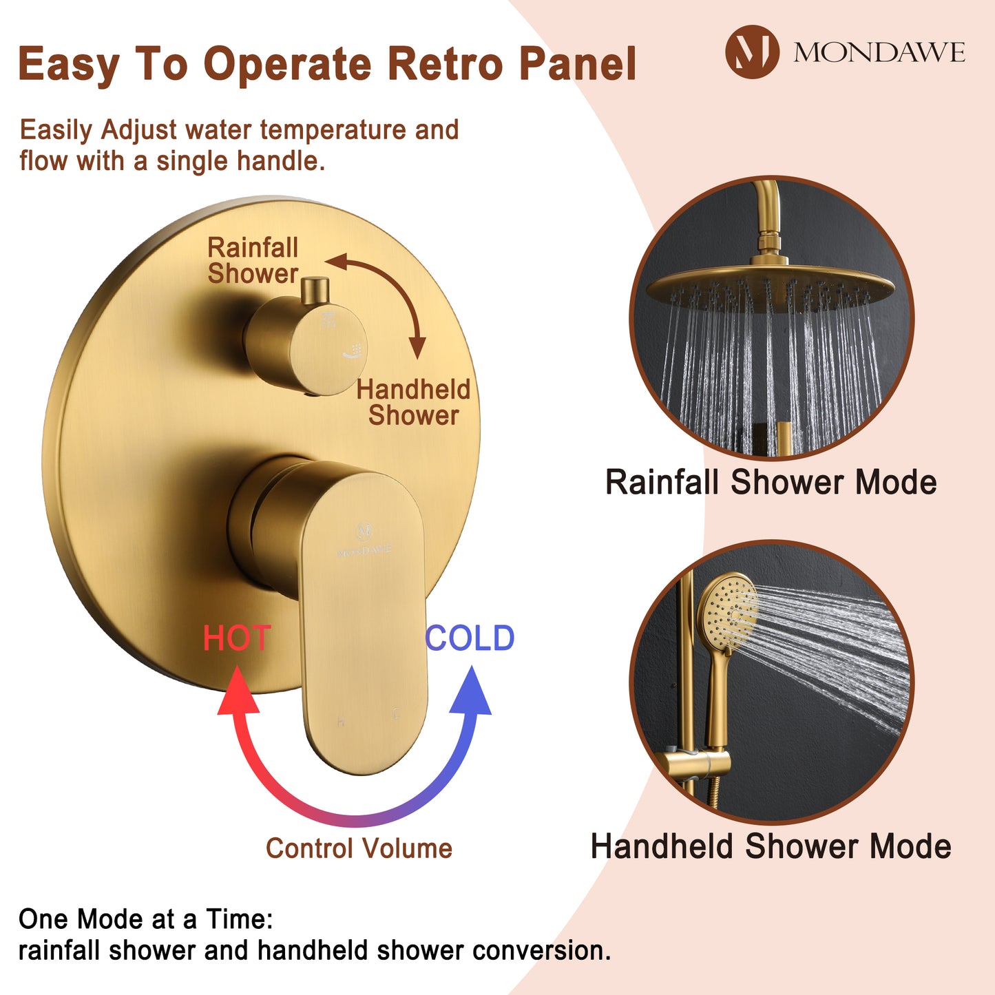 Mondawe Retro Series 2-Spray Patterns with 1.8 GPM 9 in. Rain Wall Mount Dual Shower Heads with Handheld and Spout in Brushed Nickel/ Black/ Bronze/Brushed Gold