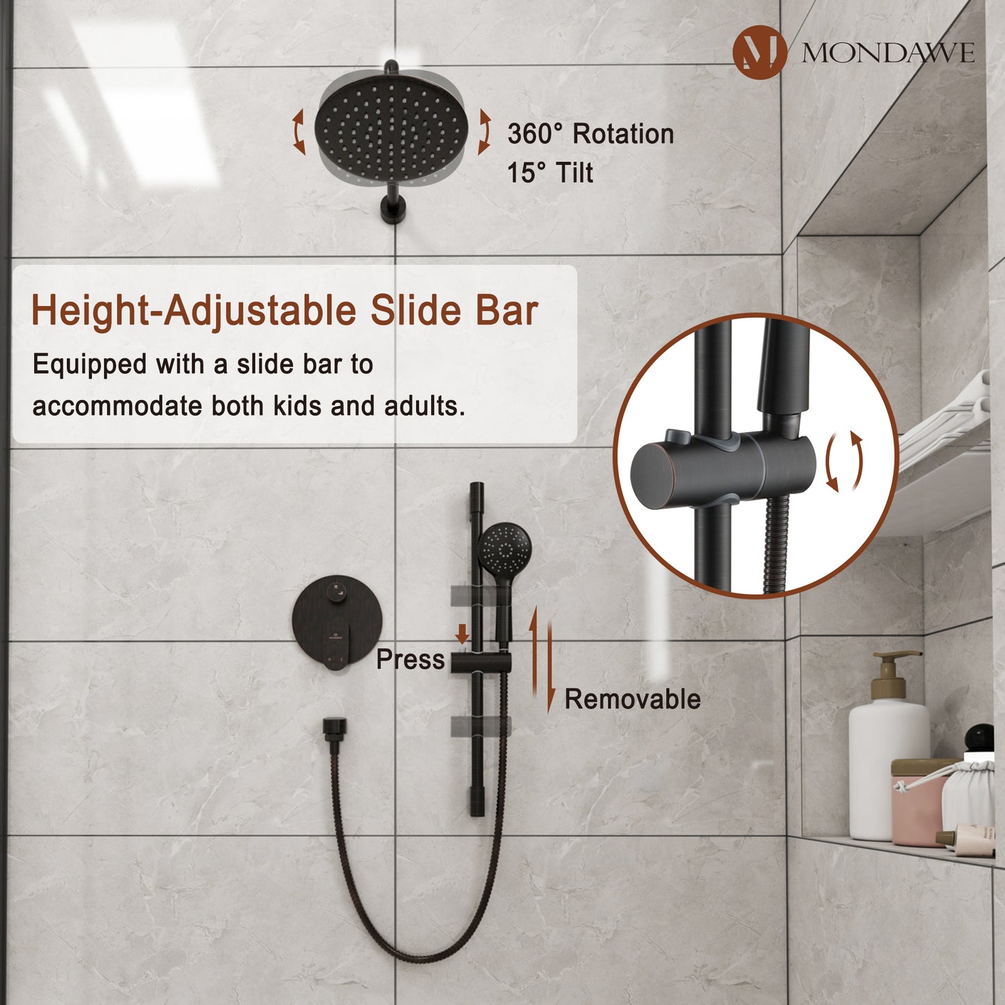 Mondawe Retro Series 2-Spray Patterns with 1.8 GPM 9 in. Rain Wall Mount Dual Shower Heads with Handheld and Spout in Brushed Nickel/ Black/ Bronze/Brushed Gold