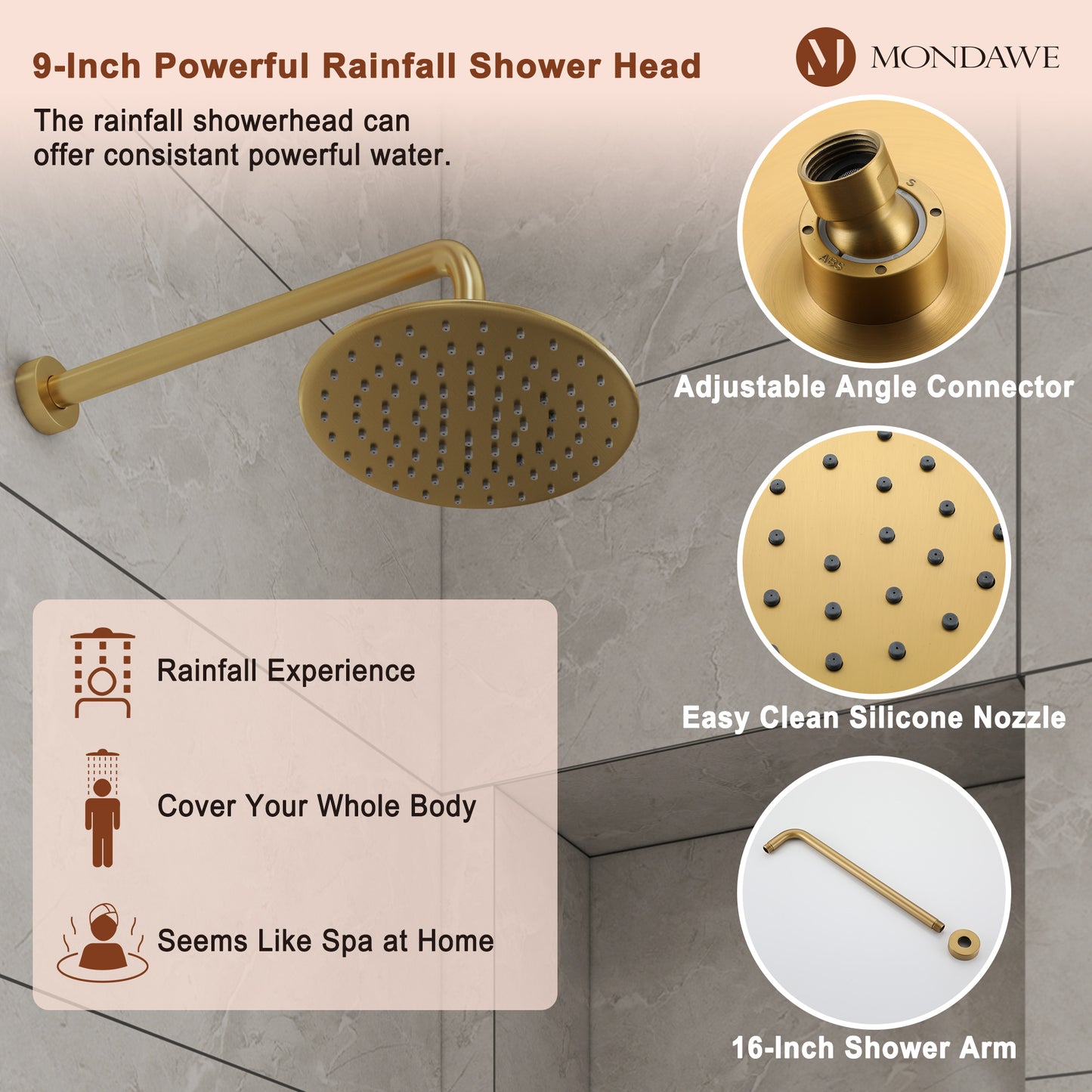 Mondawe Retro Series 2-Spray Patterns with 1.8 GPM 9 in. Rain Wall Mount Dual Shower Heads with Handheld and Spout in Brushed Nickel/ Black/ Bronze/Brushed Gold