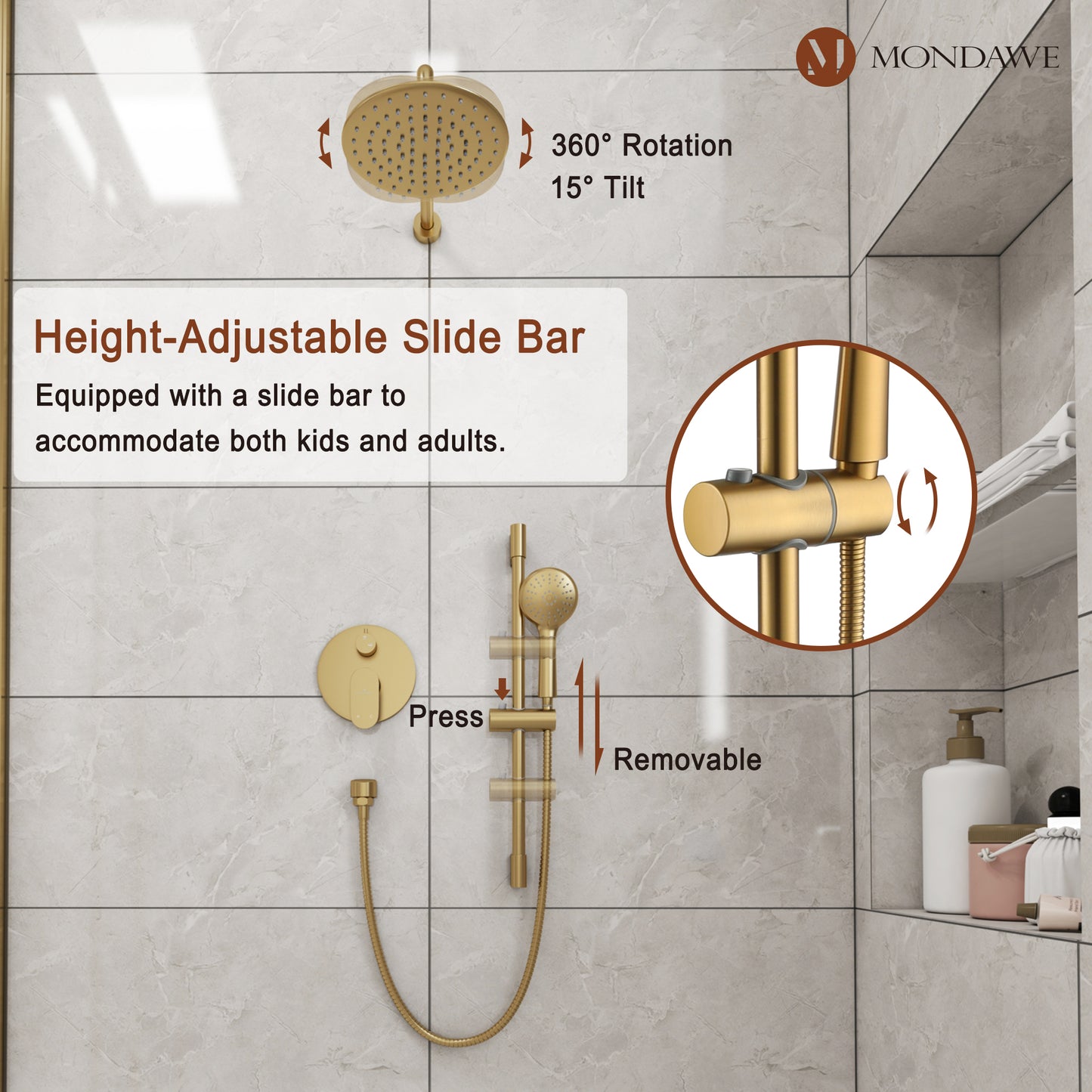 Mondawe Retro Series 2-Spray Patterns with 1.8 GPM 9 in. Rain Wall Mount Dual Shower Heads with Handheld and Spout in Brushed Nickel/ Black/ Bronze/Brushed Gold