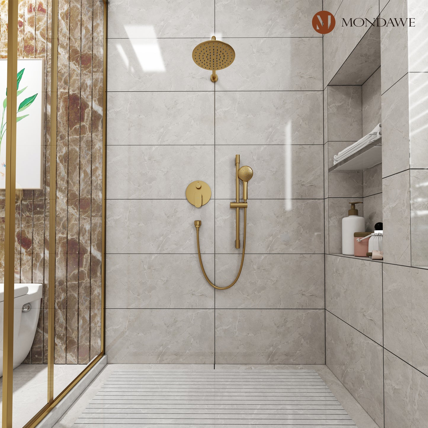 Mondawe Retro Series 2-Spray Patterns with 1.8 GPM 9 in. Rain Wall Mount Dual Shower Heads with Handheld and Spout in Brushed Nickel/ Black/ Bronze/Brushed Gold