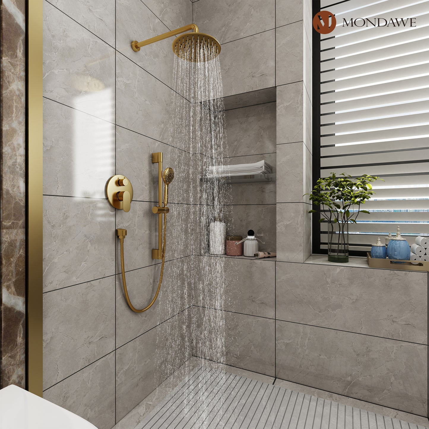 Mondawe Retro Series 2-Spray Patterns with 1.8 GPM 9 in. Rain Wall Mount Dual Shower Heads with Handheld and Spout in Brushed Nickel/ Black/ Bronze/Brushed Gold