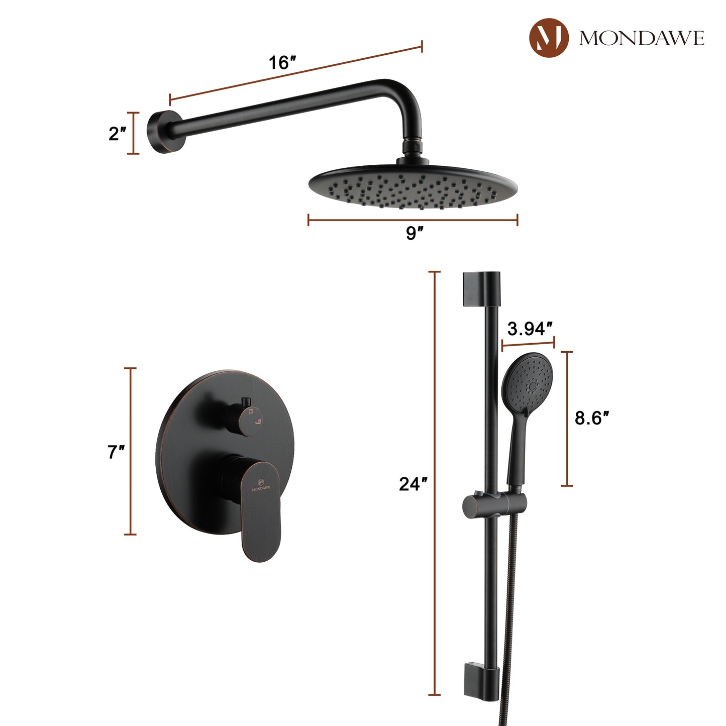 Mondawe Retro Series 2-Spray Patterns with 1.8 GPM 9 in. Rain Wall Mount Dual Shower Heads with Handheld and Spout in Brushed Nickel/ Black/ Bronze/Brushed Gold