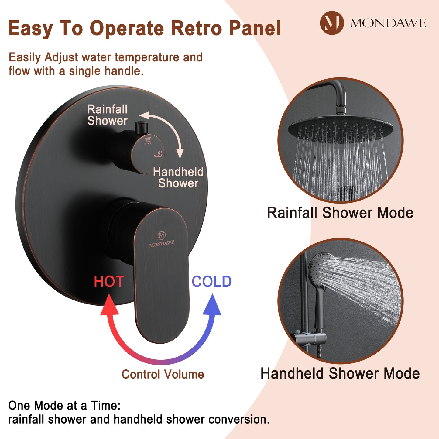 Mondawe Retro Series 2-Spray Patterns with 1.8 GPM 9 in. Rain Wall Mount Dual Shower Heads with Handheld and Spout in Brushed Nickel/ Black/ Bronze/Brushed Gold