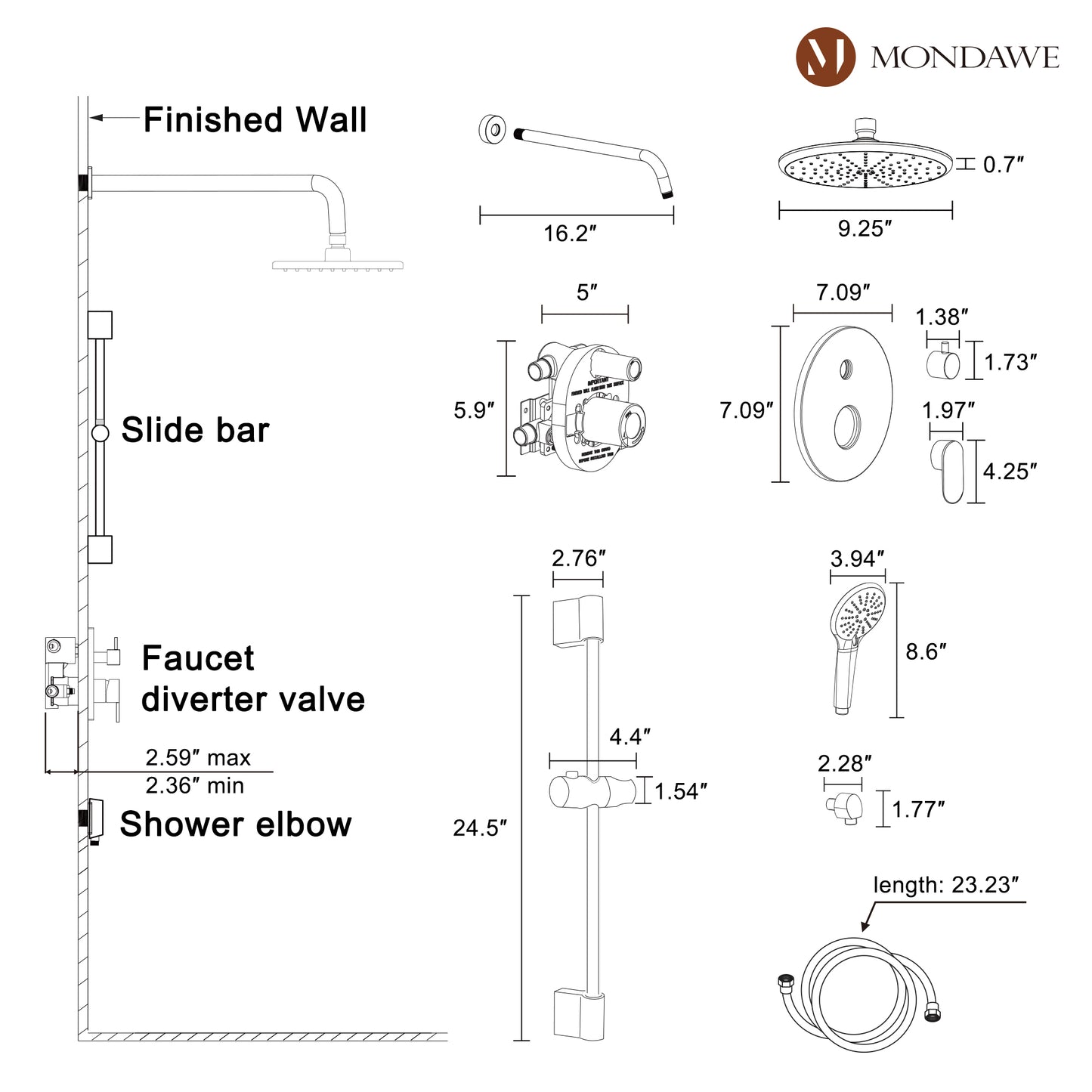 Mondawe Retro Series 2-Spray Patterns with 1.8 GPM 9 in. Rain Wall Mount Dual Shower Heads with Handheld and Spout in Brushed Nickel/ Black/ Bronze/Brushed Gold